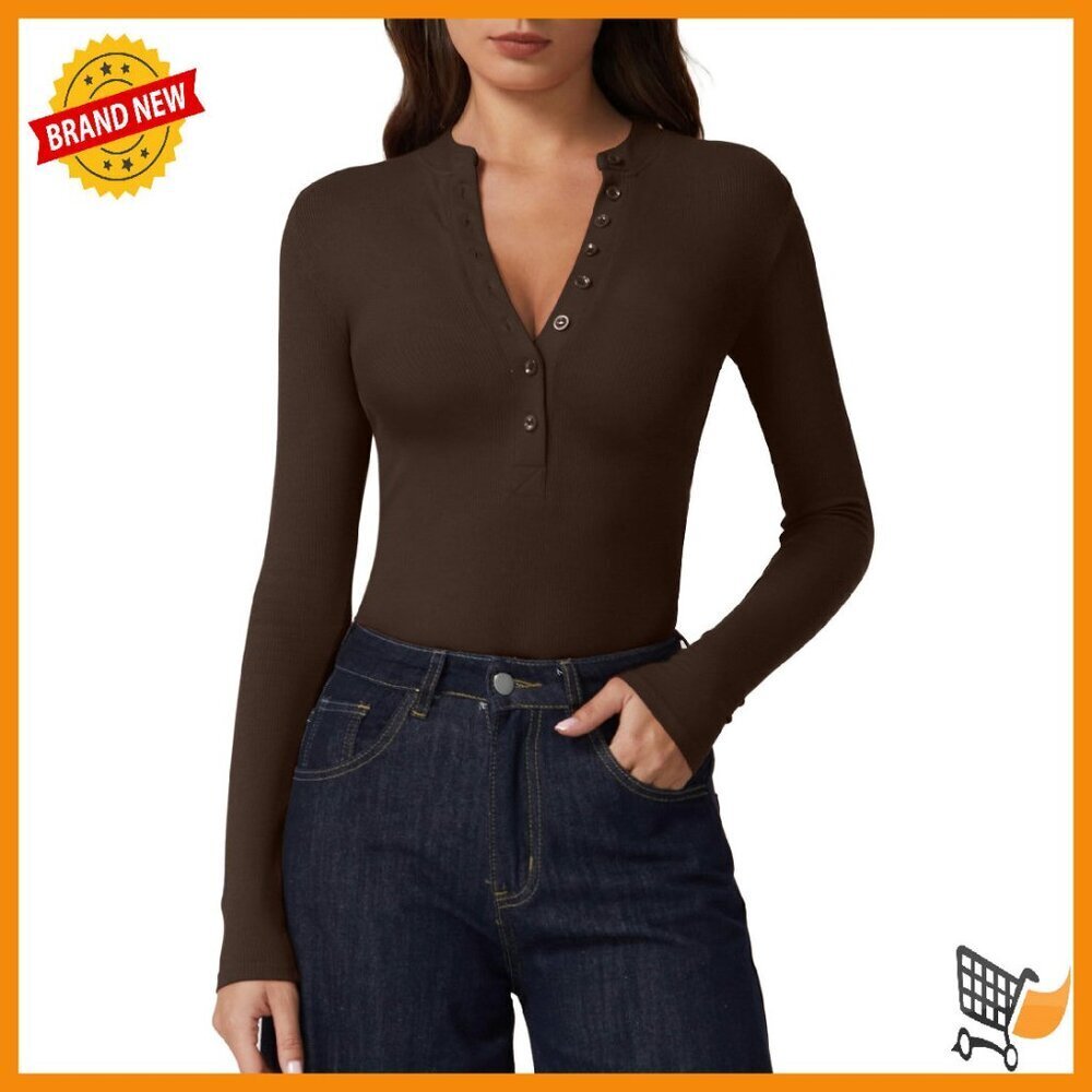 Long Sleeve Ribbed Knit V Neck Button Down Slim Fit Tee Top